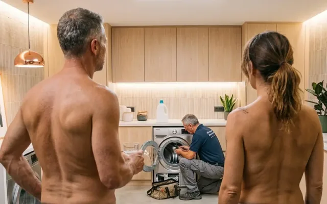 Häuslicher Nudismus und Handwerker im Haus