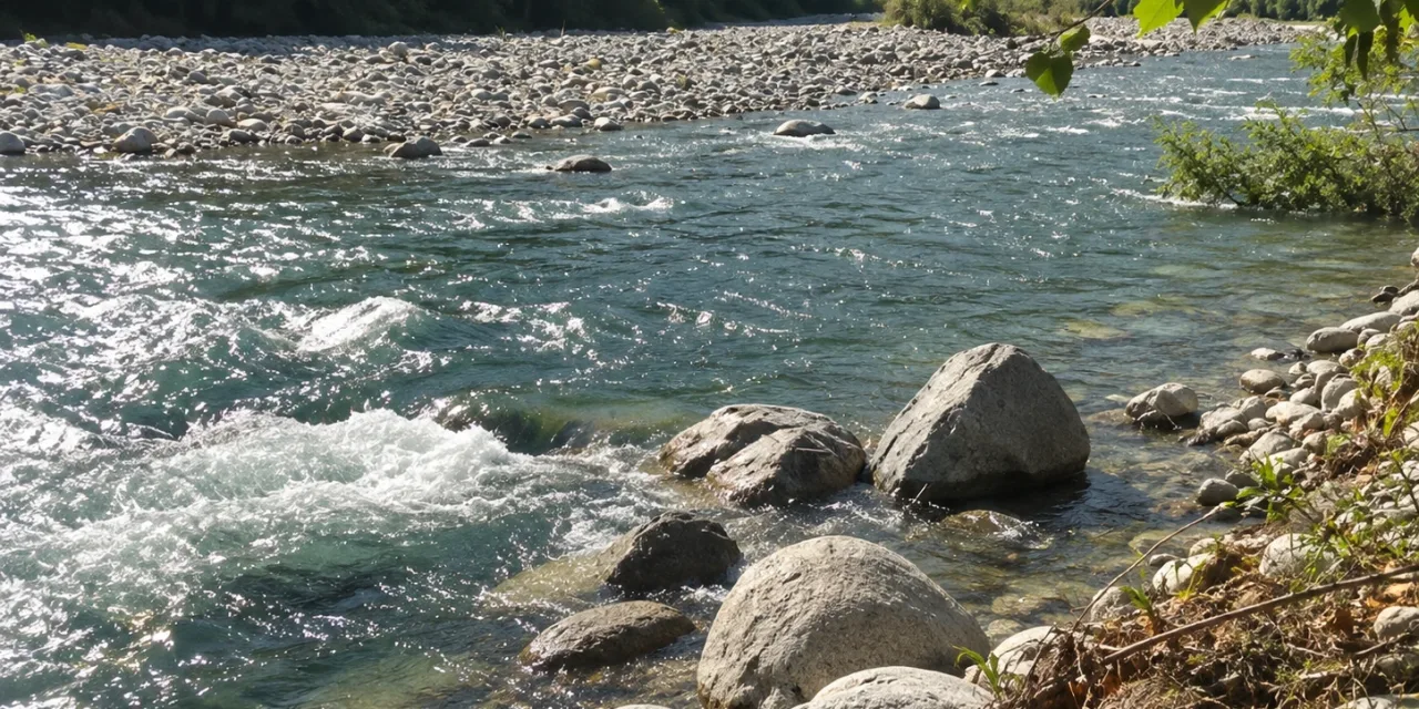 Fiume Sesia dalla spiaggia nudista di Balanghera a Varallo in Piemonte